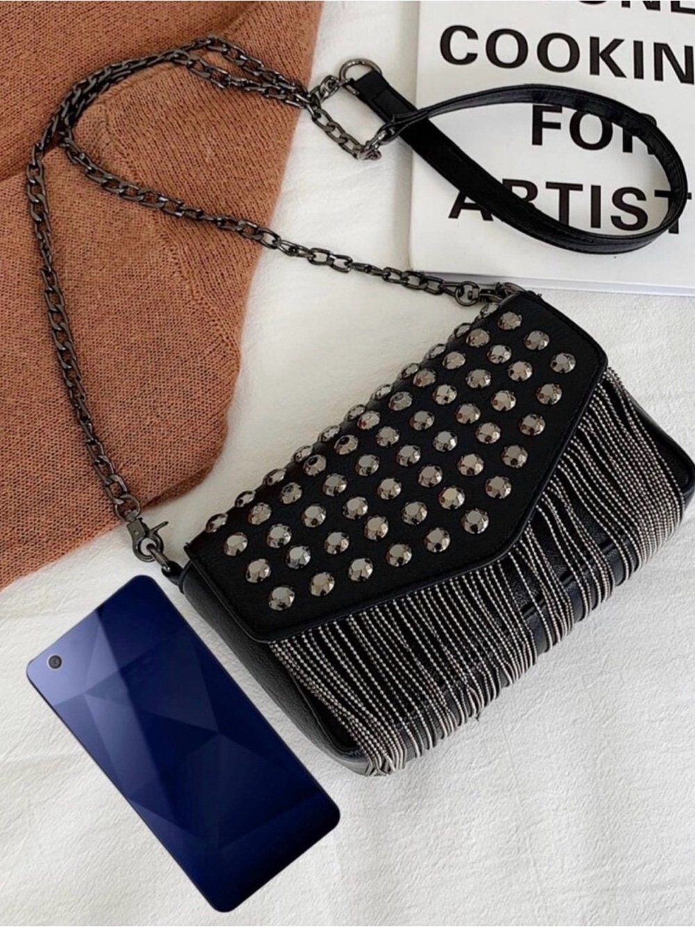 Black Studded Fringe Crossbody Bag - Picture 8 of 12